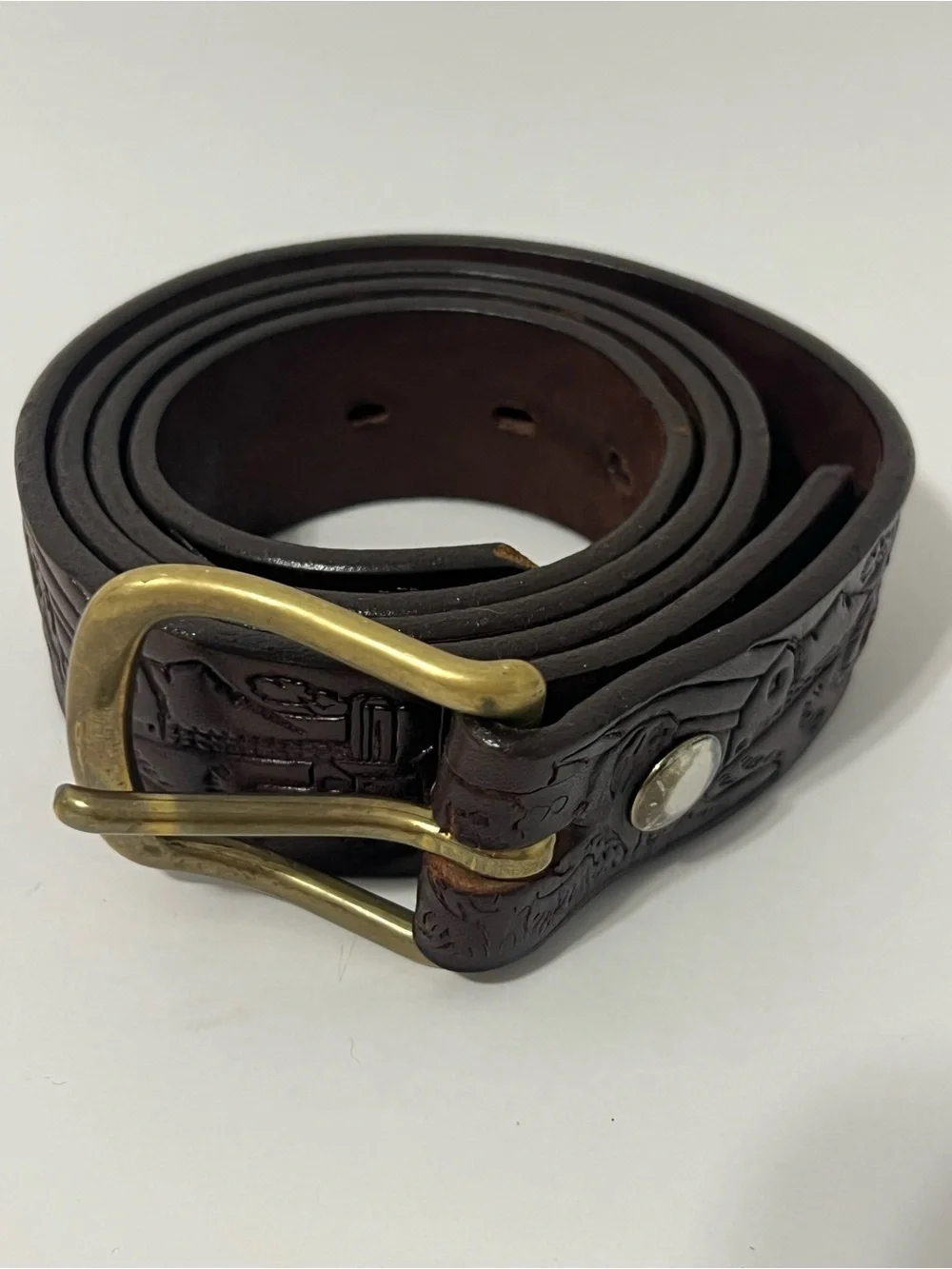Vintage Leather Embossed Farm Cow Scene Western Rodeo Belt Brown Size 42